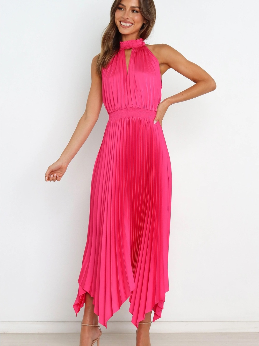 Petal & Pup Hot Pink Pleated Halter High-Low Dress